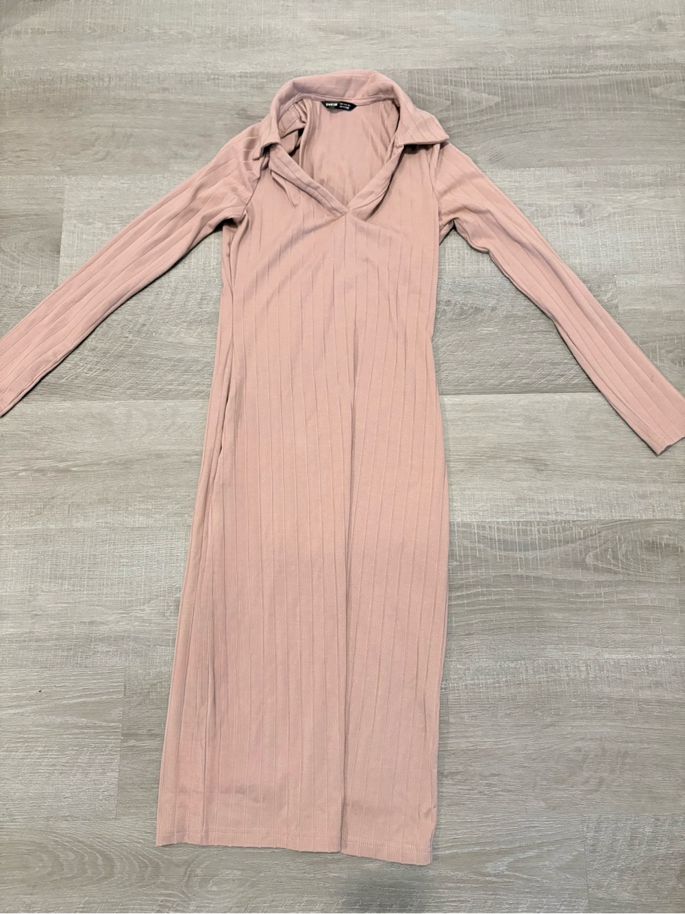 SHEIN Blush Pink Ribbed Long-Sleeve Collared Midi Dress